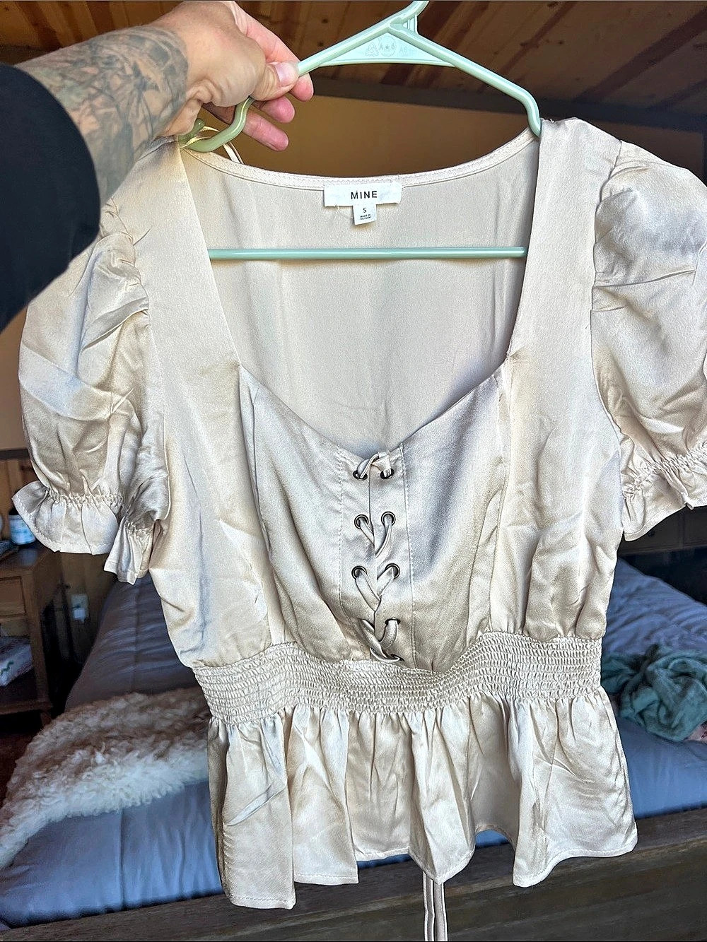 Boho Cottagecore Puff Sleeve Silky Crop Top in Cream NWOT